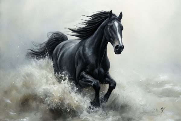 .jpg Title: Silver Tide | Black Horse Fine Art Canvas Print Alt Text: Silver Tide black horse fine art canvas print by FOTOLEO, powerful equine artwork showing a black horse running through ocean waves with strength and freedom.