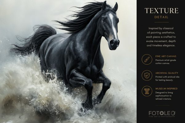 Close-up detail of Silver Tide black horse fine art canvas print showing painterly texture, ocean movement, water spray, and refined equine detail.