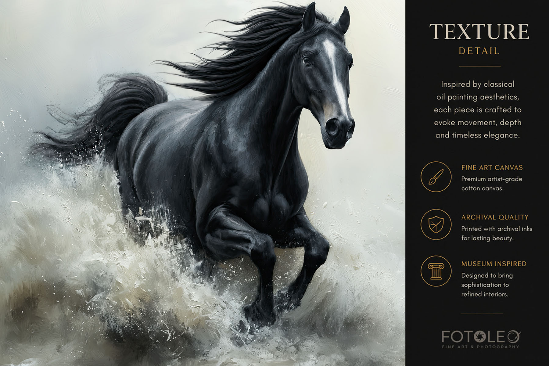Close-up detail of Silver Tide black horse fine art canvas print showing painterly texture, ocean movement, water spray, and refined equine detail.