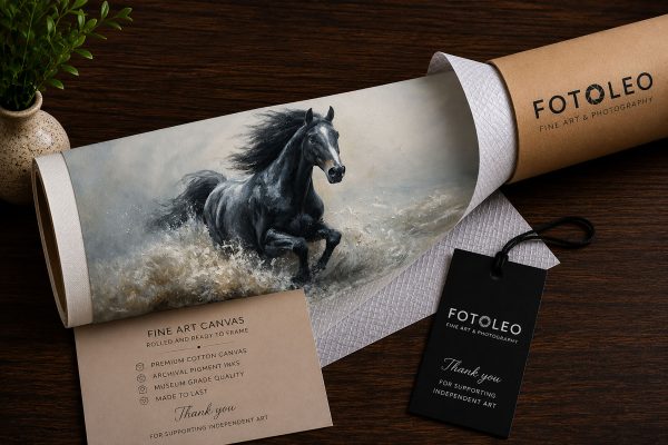 Silver Tide black horse fine art canvas print shown as a rolled canvas, carefully prepared for professional framing.