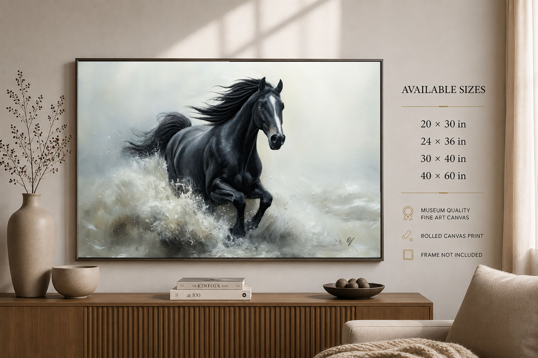 Silver Tide black horse fine art canvas print shown with size and scale reference for interior wall decor.
