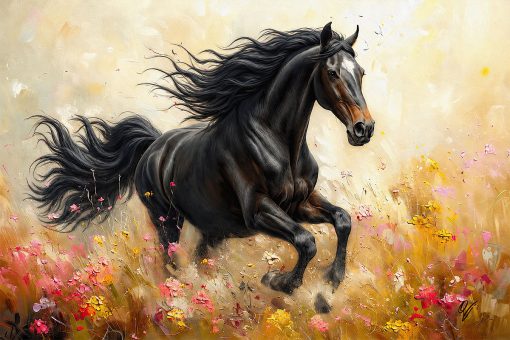 Velvet Thunder black horse fine art canvas print by FOTOLEO, powerful equine artwork with movement, elegance, and painterly energy.