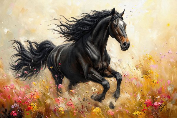 Velvet Thunder black horse fine art canvas print by FOTOLEO, powerful equine artwork with movement, elegance, and painterly energy.