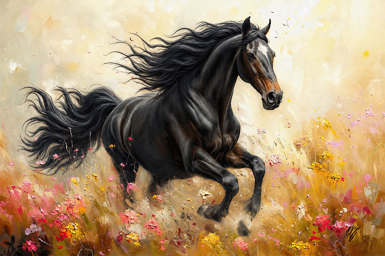 Velvet Thunder black horse fine art canvas print by FOTOLEO, powerful equine artwork with movement, elegance, and painterly energy.