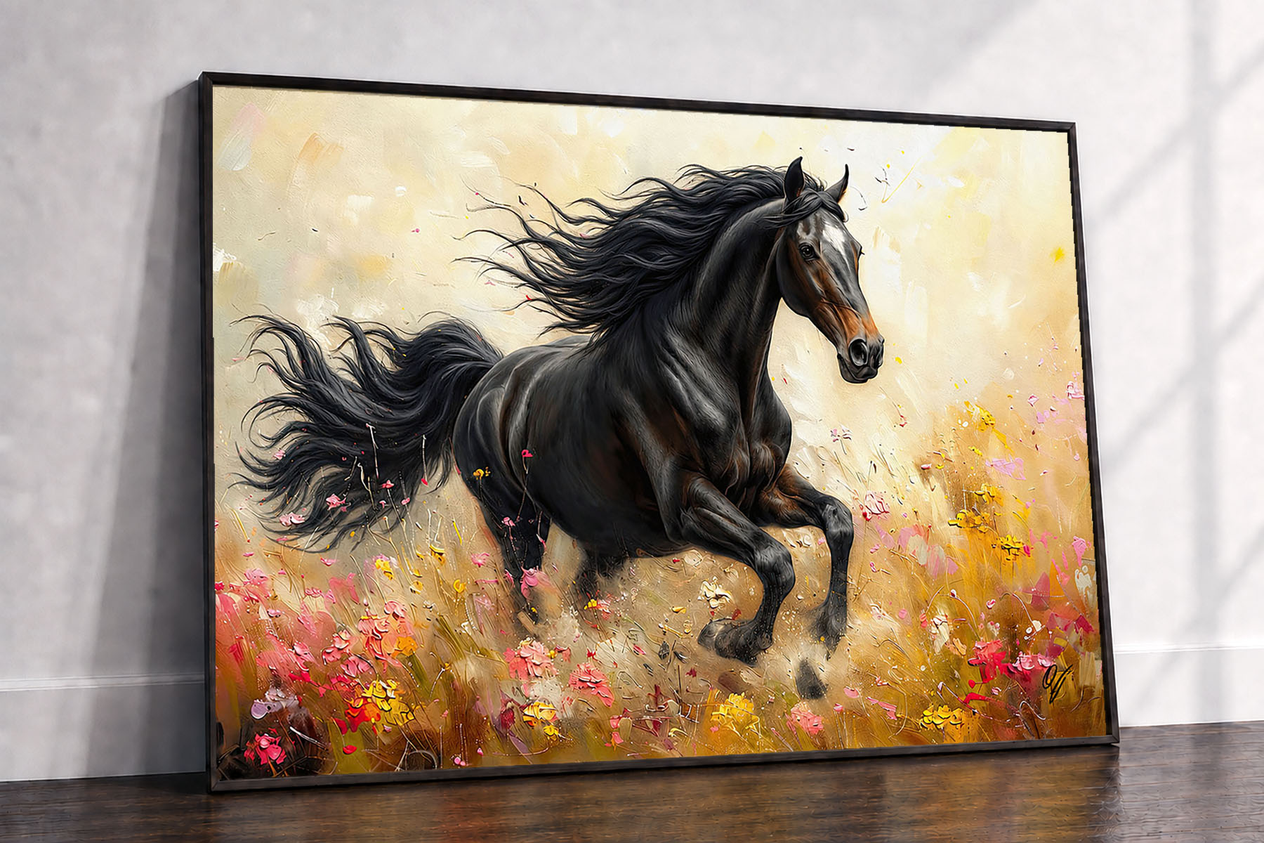 Velvet Thunder black horse fine art canvas print displayed leaning against a white wall in a refined interior floor mockup.