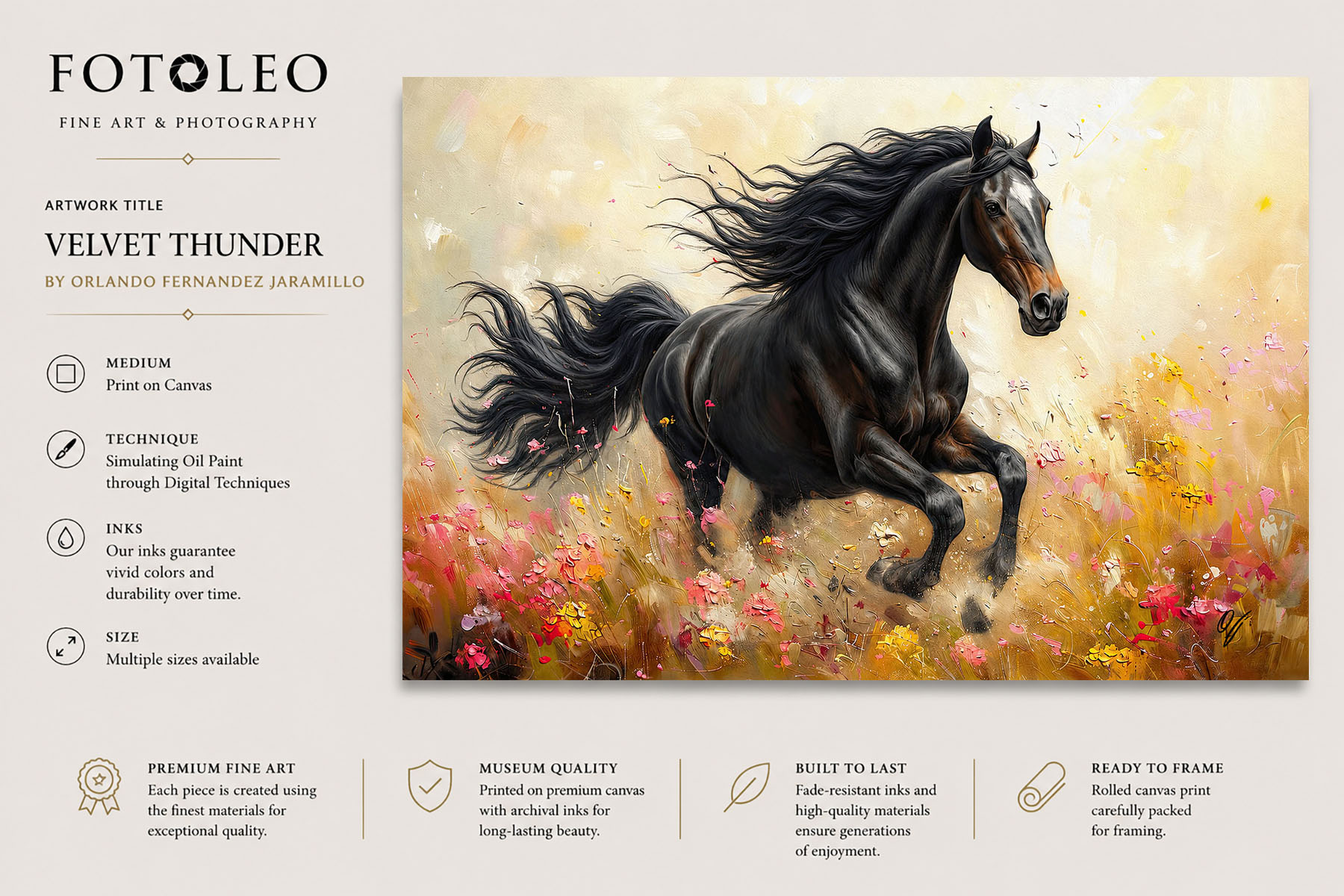 Velvet Thunder black horse fine art canvas print with artwork title and FOTOLEO presentation.