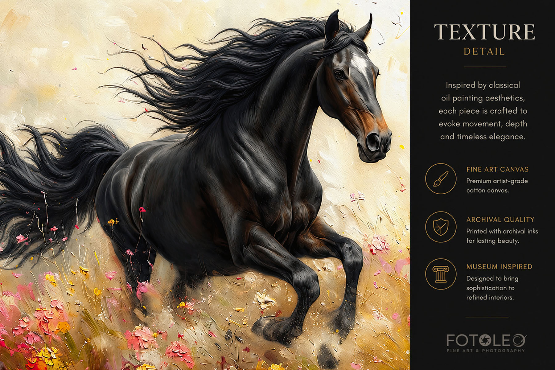 Close-up detail of Velvet Thunder black horse fine art canvas print showing painterly texture, movement, and refined equine detail.