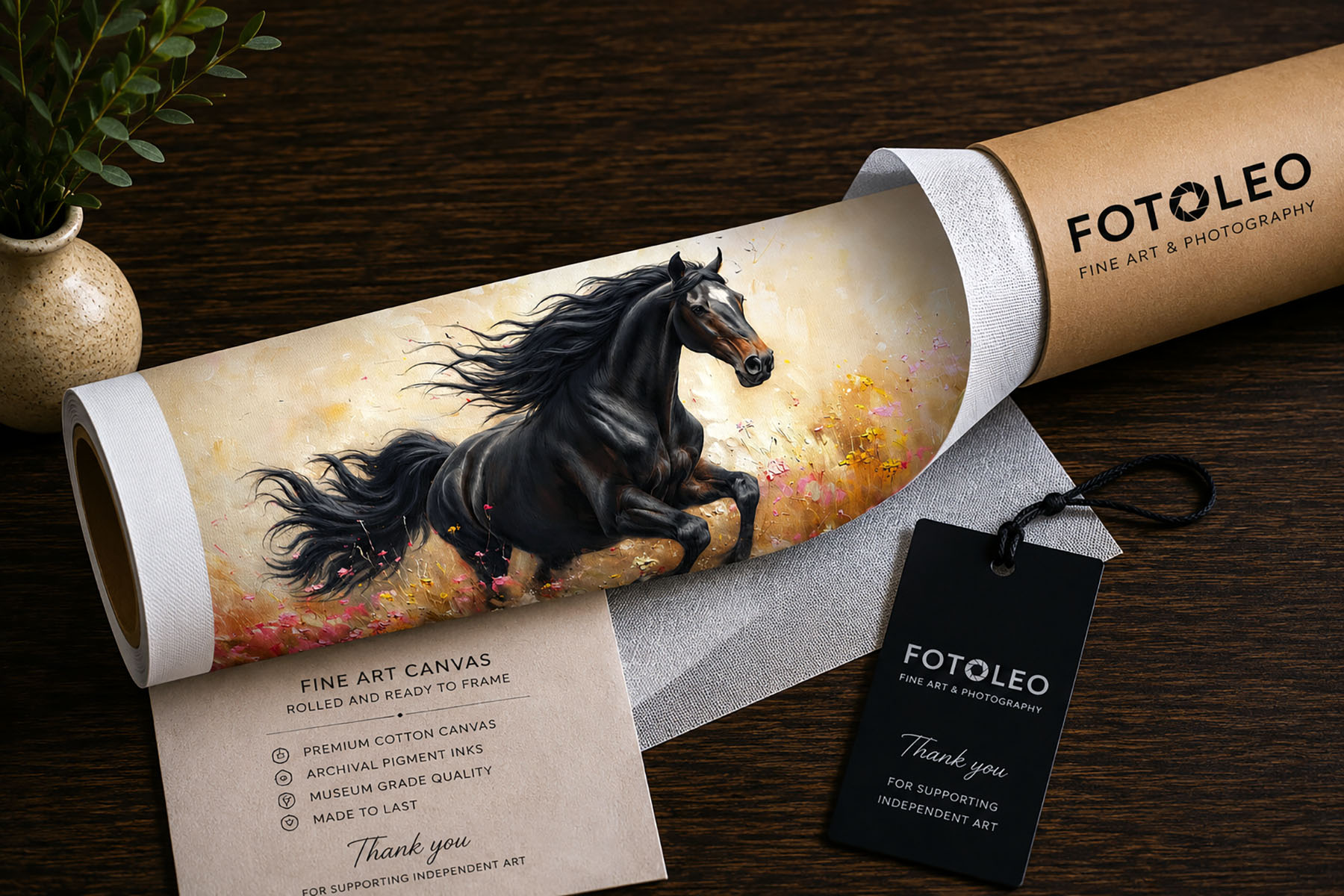 Velvet Thunder black horse fine art canvas print shown as a rolled canvas, carefully prepared for professional framing.