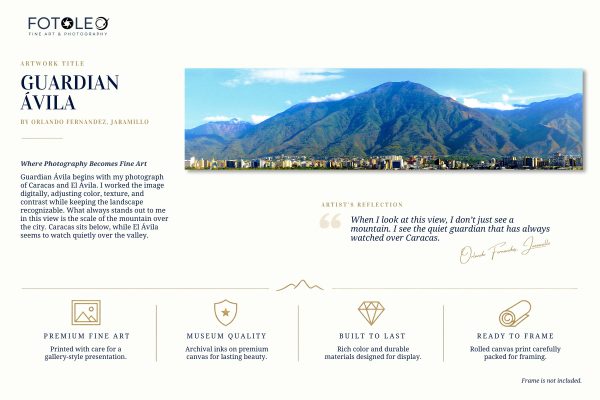 Guardian Ávila fine art canvas print presentation featuring a panoramic photograph of El Ávila mountain, artwork title and artist information.