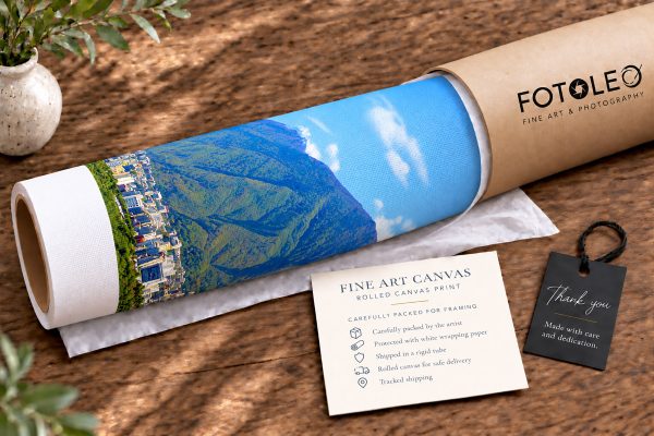 Guardian Ávila rolled fine art canvas print carefully packed for framing with protective wrapping, information card, and rigid shipping tube.