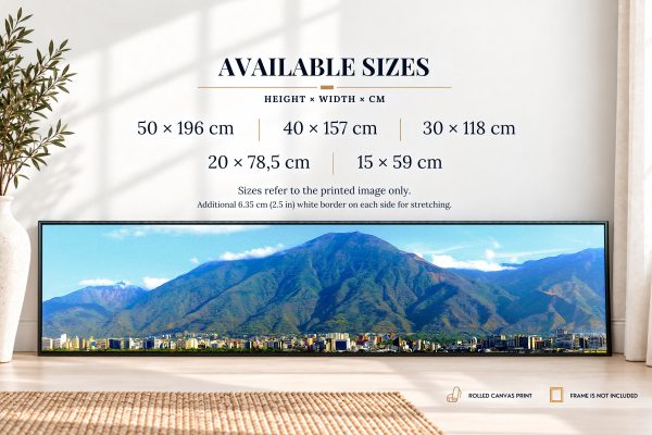 Guardian Ávila panoramic fine art canvas print size and scale guide showing the artwork in a modern interior and five available sizes in centimeters.